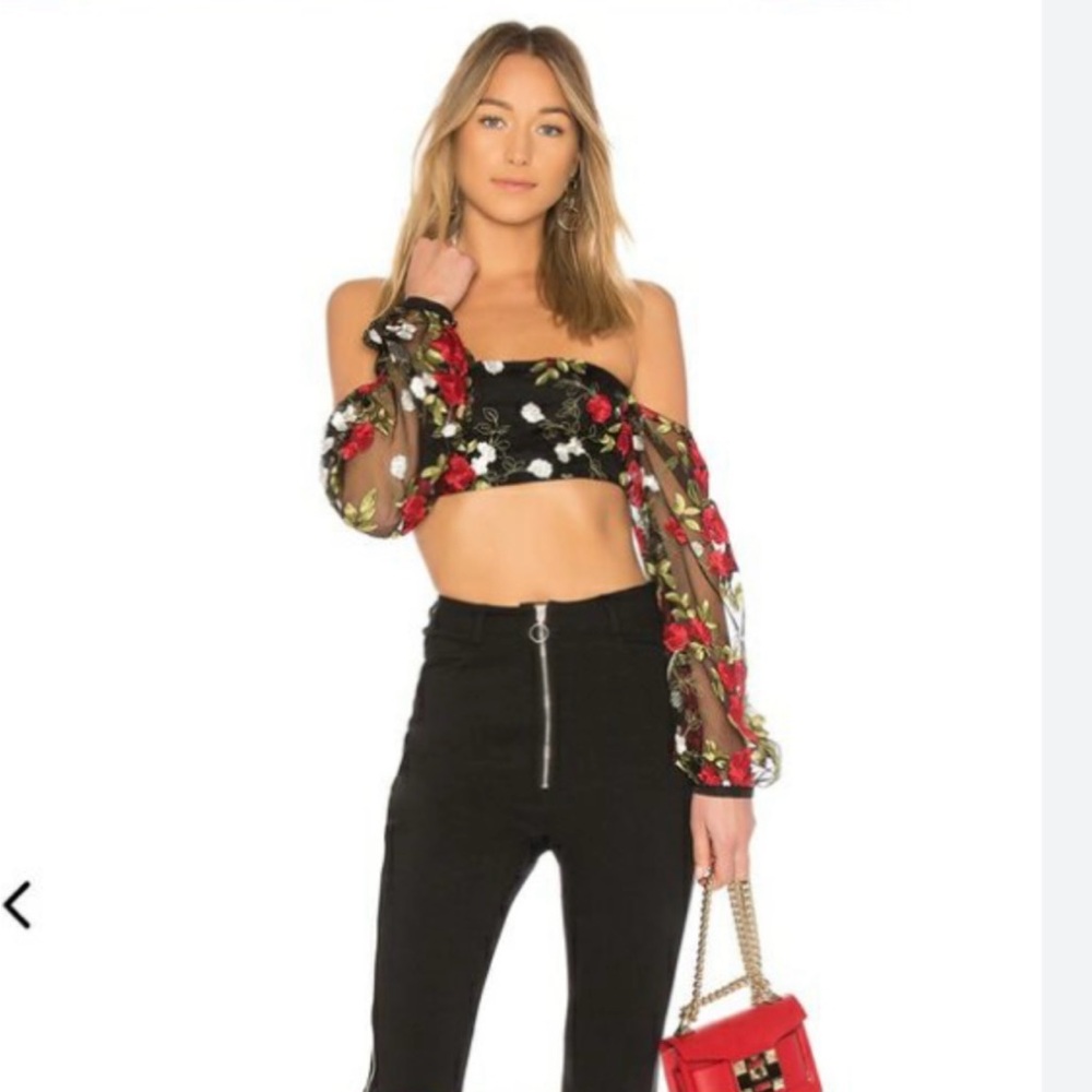 Lovers + Friends Floral Embroidered Off Shoulder Cropped Top, Size L Color Black